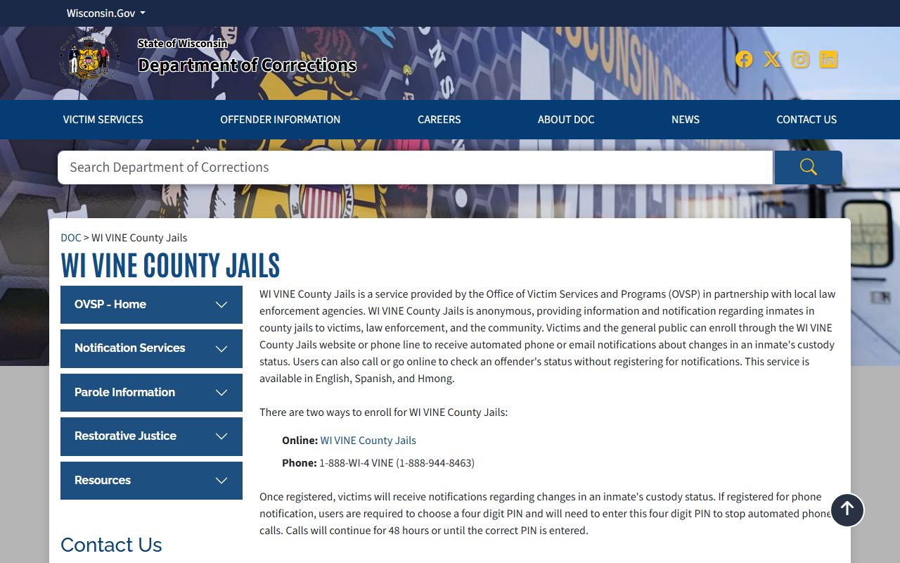 Vernon County inmate population WI VINE county jail custody notification